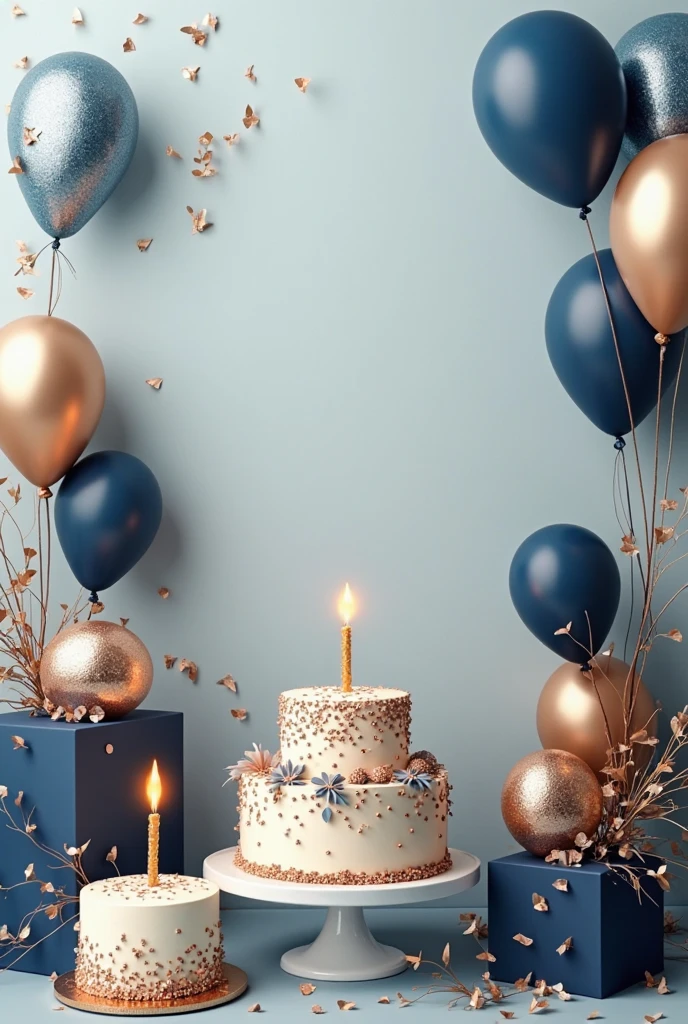 Create an image of a table in a luxurious seaside room , on this table is a birthday cake with white and blue candles champagne glasses and a champagne on the side, blue and white balloons in the environment .