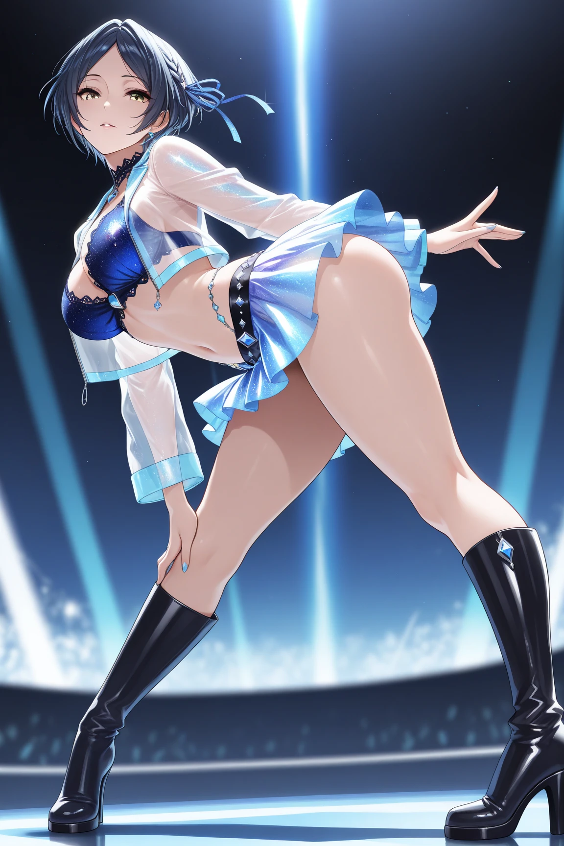 (((Pixel Perfect, Perfect in every detail))),(((Diameter-downward view of skirt,))), alone, One girl, Honoka Kosaka, (m's アイドルドレス), View your viewers, smile, m's,lovelive!stage, sing, (Lifted Skirt 1.3), (Detailed Panties 1.3), (White Panties: 1.3), (Frill Panties: 1.3),(Panty shot), (Cute cotton panties), (Low - Angle) ,(Stain in crotch),Blue eyes,orange hair,one side ponytail,short hair,