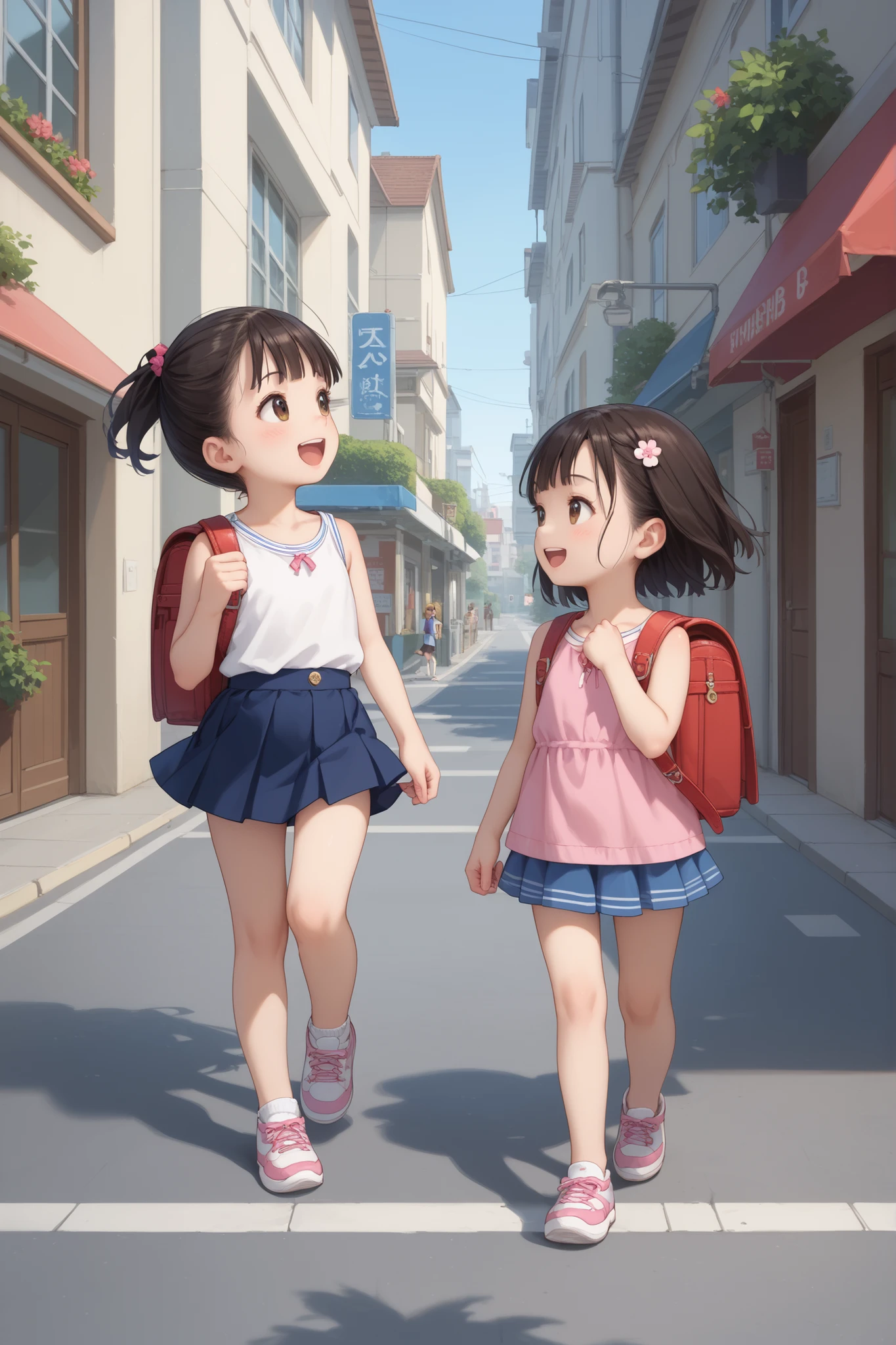 score_9, score_8_up, score_7_up, source_anime, masterpiece, highest quality, two girls, young girls, looking at each other, dark eye, dark hair, half-up hairstyle, sleeveless, red backpack, mini skirt, laughing, full body, walking, on the way to school, on street, wind blows
