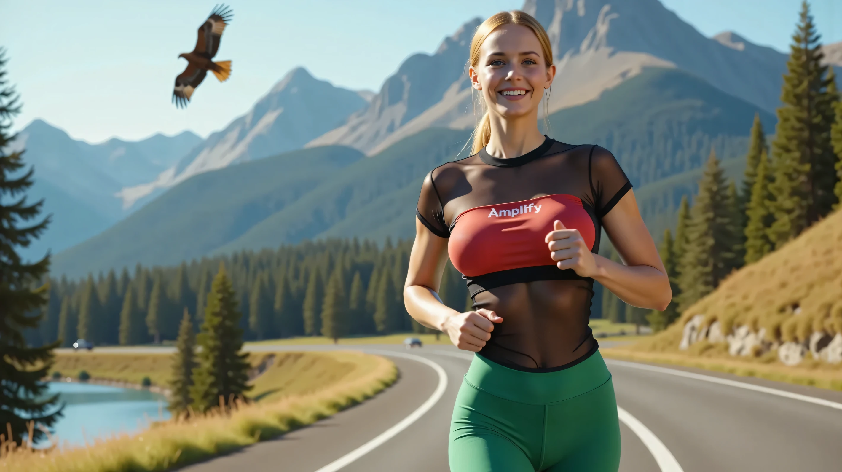 Transparent, pokies, nipples, giant breasts, panoramic view, birds eye perspective, 28 mm, whole body, detailed style, (no lens flare:1.5), UHD, masterpiece, super detail, 4K, depth of field, award-winning nature photograph, (masterpiece:1.5), extremely detailed body, Extremely detailed landscape view, Octane Render, ultra realisic, HDR, sharp-focus, scene of a stunning blonde skin supermodel running at a curved road in a pittoresk landscape with mountains, trees and a blue lake, she is wearing transparent black and red t-shirt with round neck and long green color leggings, text “Amplify ApS” is printed across the chest, she smiles happily to camera, a red haired young woman is passing, driving an old open sportscar in glitter gold color, sunshine with sunbeams reflecting on the car, she is smiling to the running supermodel, dressed in a white shirt long sleeves and laces, double DD cup breasts, stunning hot look, pointy nipples, she is stunning sexy, there is a warm golden atmosphere, a single eagle in the sky above the lake