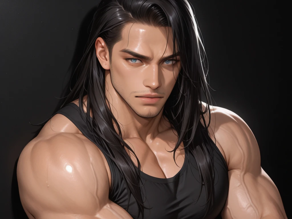 Handsome male, long black hair, straight long hair, grey eyes, bushy brows, smirk, arrogant expression, detailed body, detailed hands, 5 fingers, red shirt, black pants