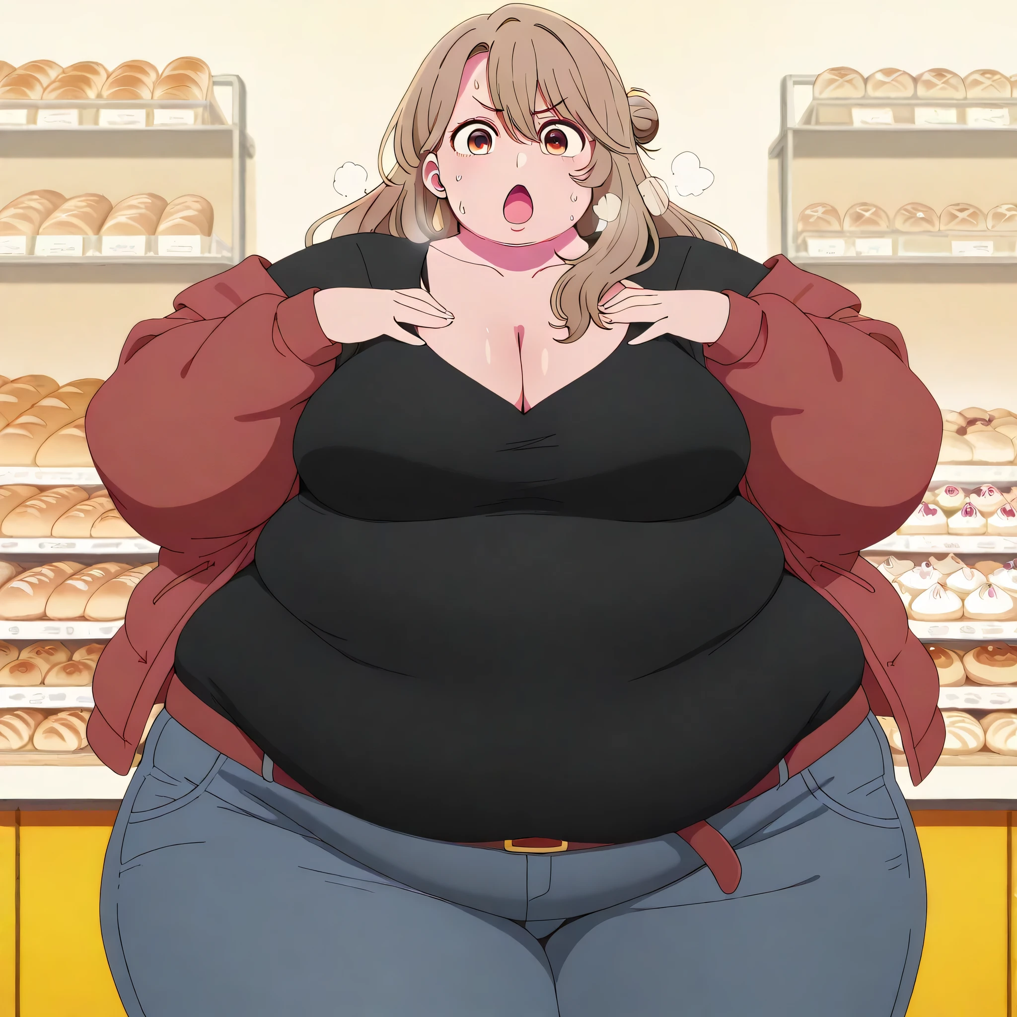 masterpiece, best quality, amazing quality,, miyako saitou, saitou miyako, long hair, brown hair, brown eyes, hair bun, single hair bun,, mature female, breasts, anime screencap, shirt, collarbone, jacket, belt, pants, black shirt, casual, cleavage,, hands on own chest,, bakery, bread, pastries, sweets,, cowboy shot, solo, looking at viewer fat, chubby, obese, gigantic arms and legs, large breasts open mouth, out of breath