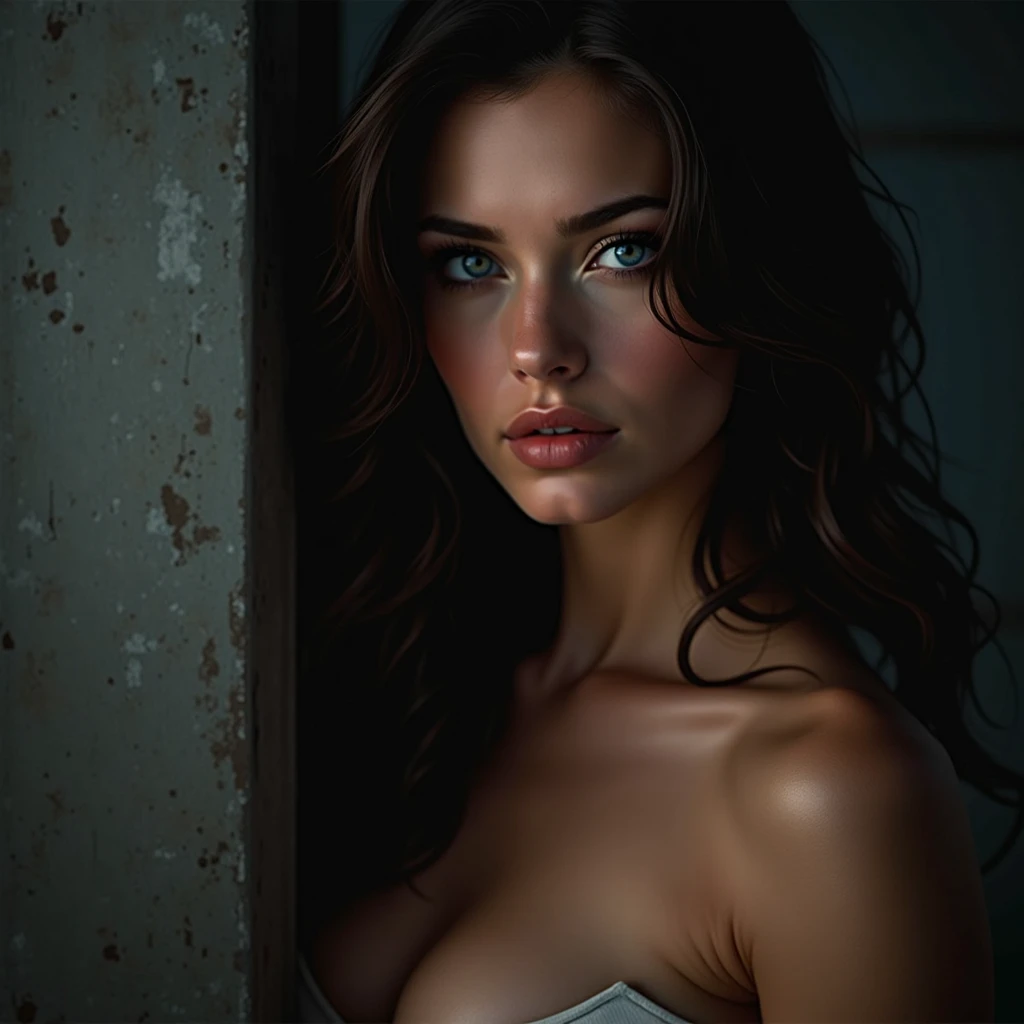 there is a woman that is posing in a blue dress, sultry digital painting, realistic digital painting, beautiful sexy woman photo, photorealistic digital painting, photorealistic artstyle, sexy girl, gorgeous beautiful woman, beautiful model girl, gorgeous digital painting, sexy girl with green eyes, bedroom eyes, gorgeous woman, beautiful girl model, beautiful digital artwork