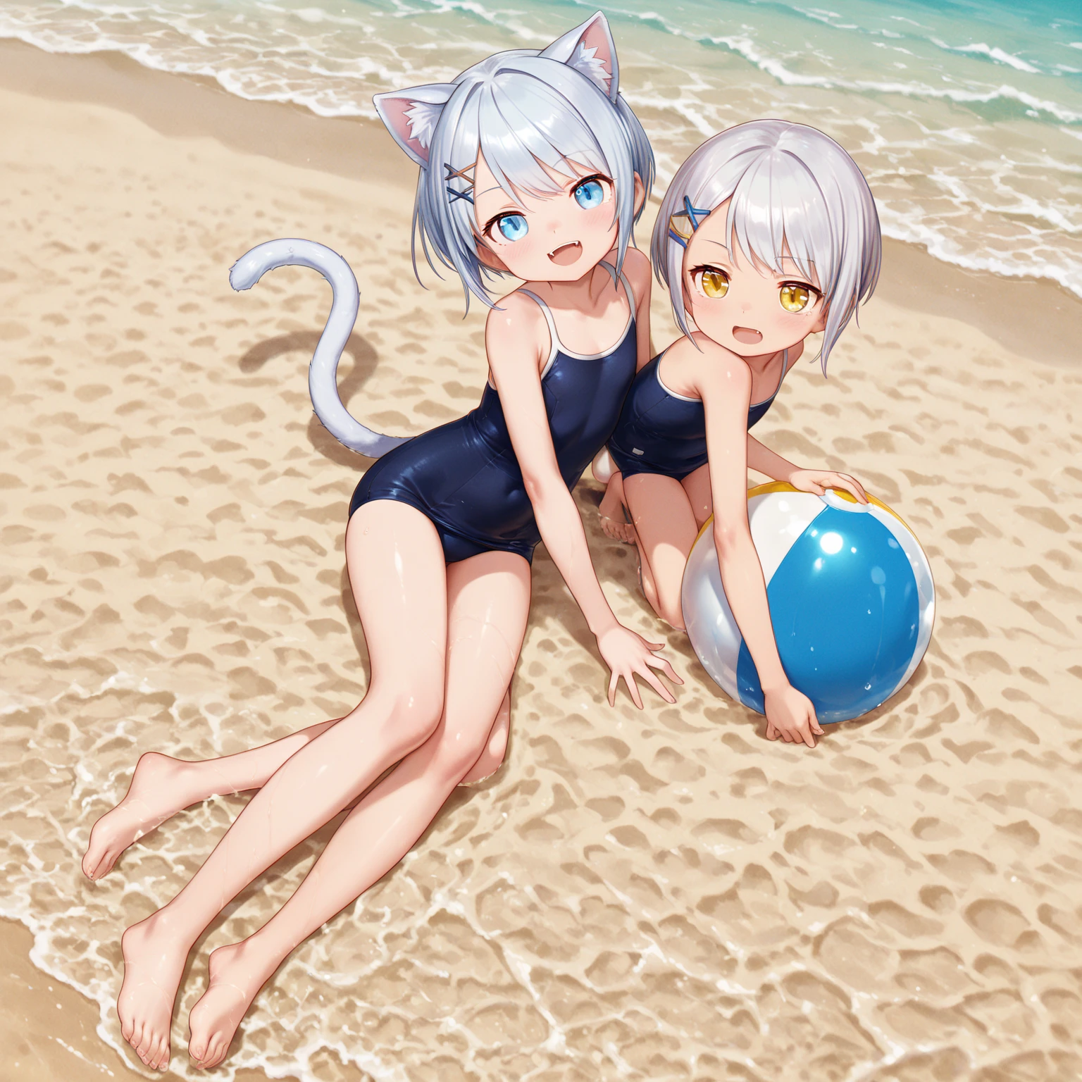 Cat, blue, cute, big eyes, masterpiece, sea, swimsuit