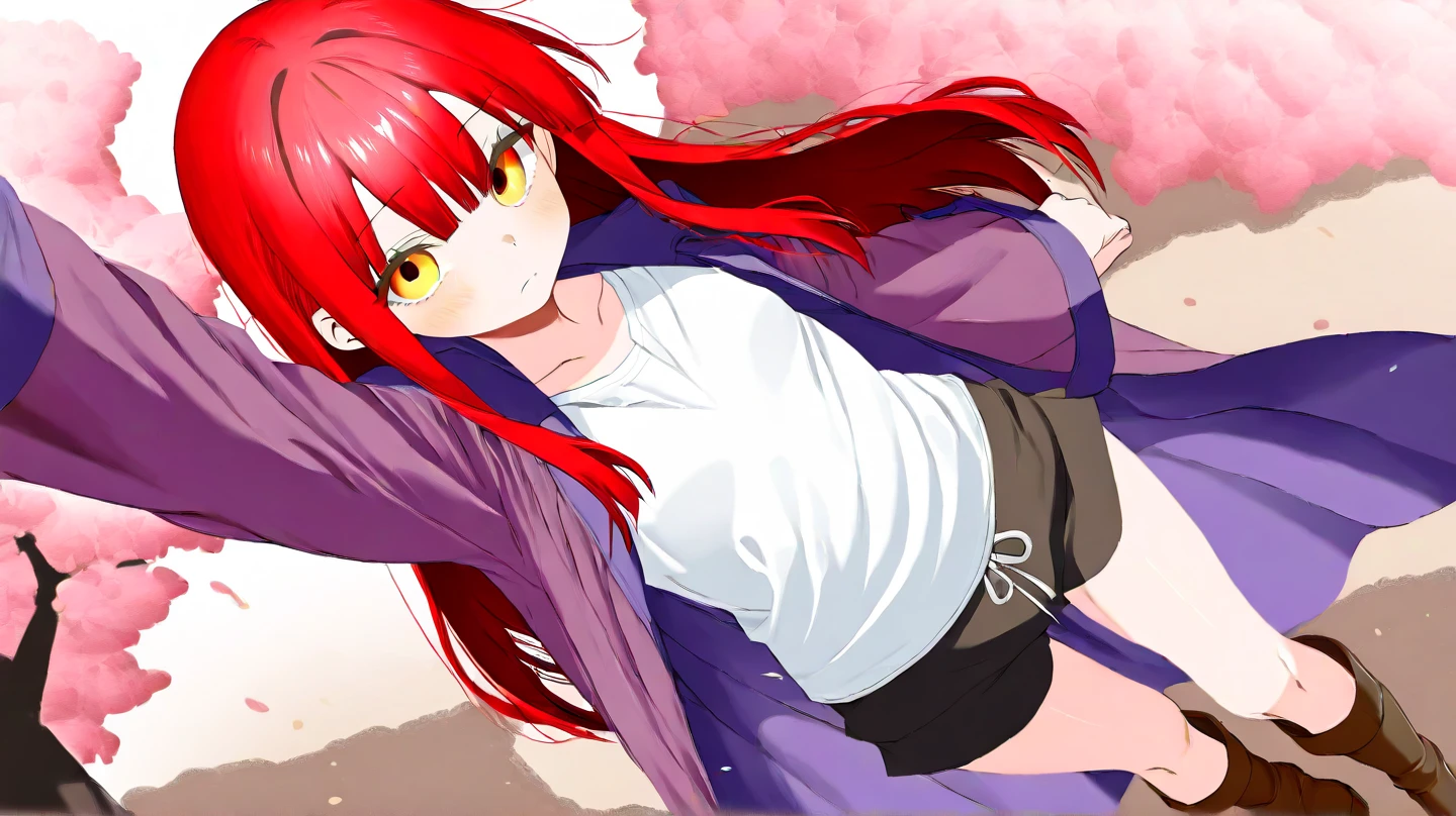 red hair, long hair, braid, red eyes, anatomically correct, heavy breathing, huge breasts, breast press, 1girl, tree, solo, outdoors, autumn, leaf, autumn_leaves, smile, squatting, socks, sky, tracksuit, sneakers, (shaded face:1.2), hollow eyes, red eyes, looking at viewer, heavy breathing, smirk, upper teeth, lips,