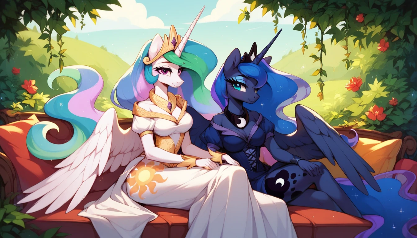 1Alicorn princess(1)anthro ,white fur,brown eye color white sclera, blue and purple mane smiling ,big breasts and big ass wearing beautiful dress,flower in hair red heart cutie mark staning next to Alicorn princess(2)white mane,black sclera ,black body color  long flowing  mane pink eyes anthro thicc thighs huge breasts