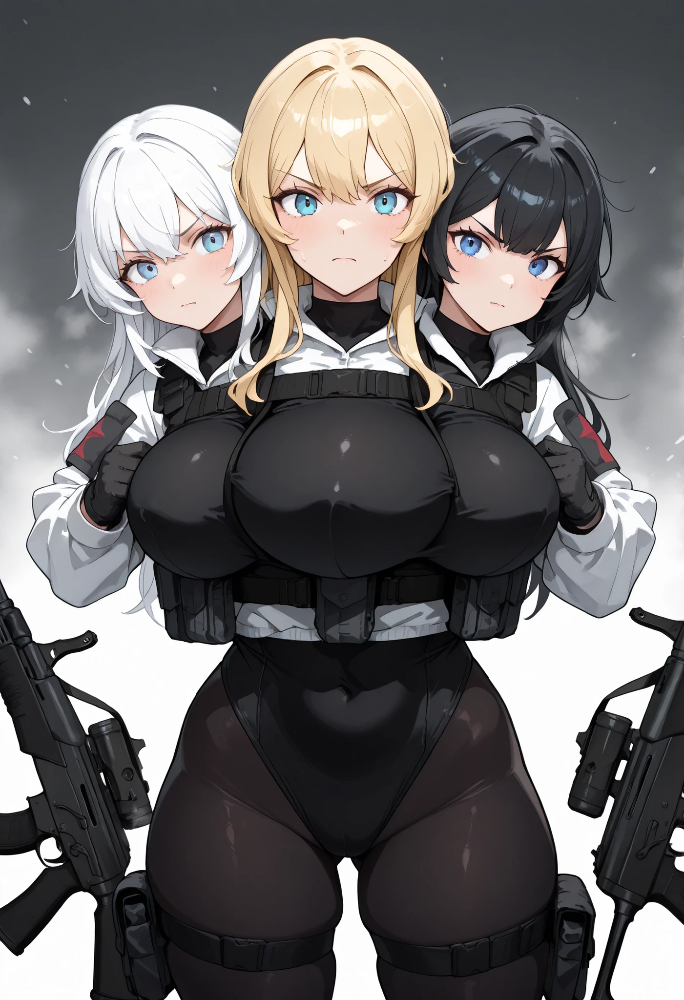 conjoined, 3girls, 3heads, three heads, a tall thin girls with 3heads, TripleTits, three breasts, black hair, white hair, blonde hair, long hair, blue eyes, large breasts, black leotard, black bodysuit, black pantyhose, bulletproof vest, loose black gaiters, black gloves, tactical gear, upper body, front shots, black AK-47,