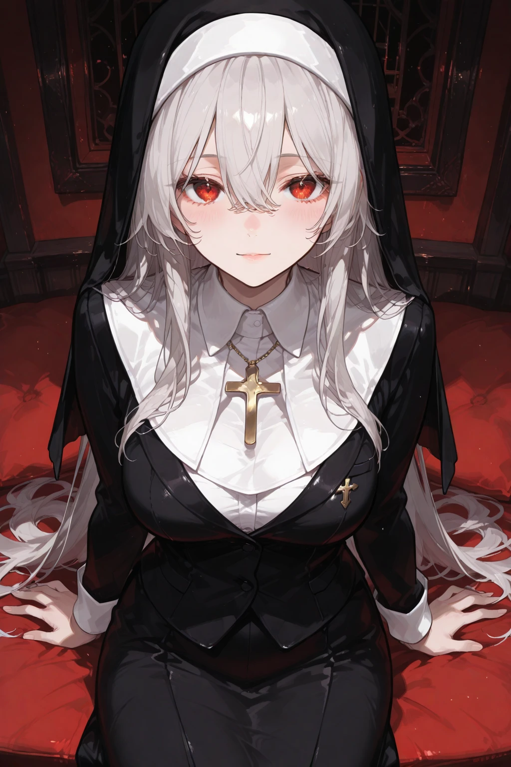 1girl, red eyes, white hair, long hair, nun, nun bondage, shy, blushing, nun costume, large breasts, sexy