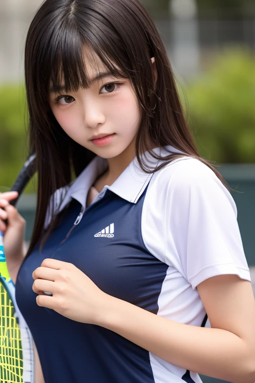 masterpiece, best quality, illustration, Super detailed, fine details, High resolution, 8K,wall paper, perfect dynamic composition, front view, standing, leaning forward, 18 year old girl, tennis player, Gravure Idol, cute type, (Details High quality, realistic depiction of eyes:1.3), Colossal tits, expresses the roundness and softness of your chest., low ponytail, black hair color, Dark makeup, Big Natural Color Lip, thick thighs, perfect body shape, plump figure, large hips, beautiful clavicle, white tennis uniform, short sleeve, shirt, skirt, socks, tennis shoes, depth of fields, natural lighting