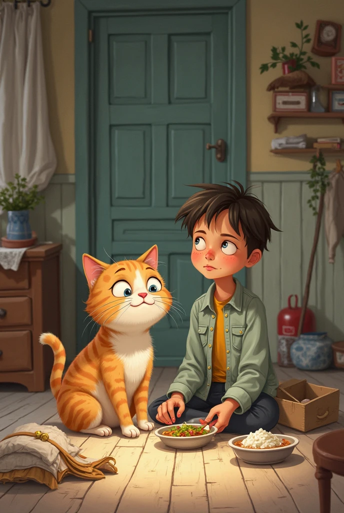 Realistic portrait of a seven-year-old boy, He wears a red shirt . His face is childish and exploratory . He goes out cautiously into the garden of the house, A small cat is among the bushes and he touches it cautiously ,Not facing the camera,, Hair is untidy ,