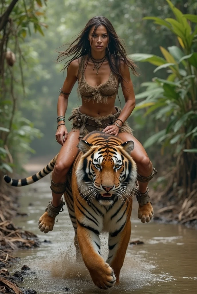 Beautiful elf in a two-piece fantasy suit 🐦‍🔥👿 riding a white tiger in the savanna