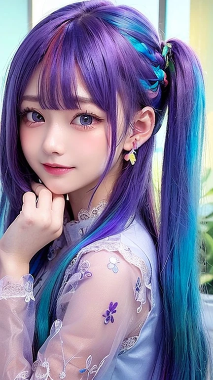 Small face、 (alone:1.5,)Very detailed,Bright colors, Very beautiful detailed anime faces and eyes, Look straight ahead,  Shiny_skin,girl, (((Rainbow Hair, Colorful Hair, Half red、half blue hair: 1.2))), 、Shiny hair, Delicate beautiful face, blush、Glasses、(Turquoise Eyes), , Valletta, Earrings,、Flower Garden、Sunset、(((See-through、sexy、pink、One piece swimsuit、Black、,Translucent shirt)))、（Twin tails）、smile、Happy Face、face dyed red、Cheerful pose、dynamic、