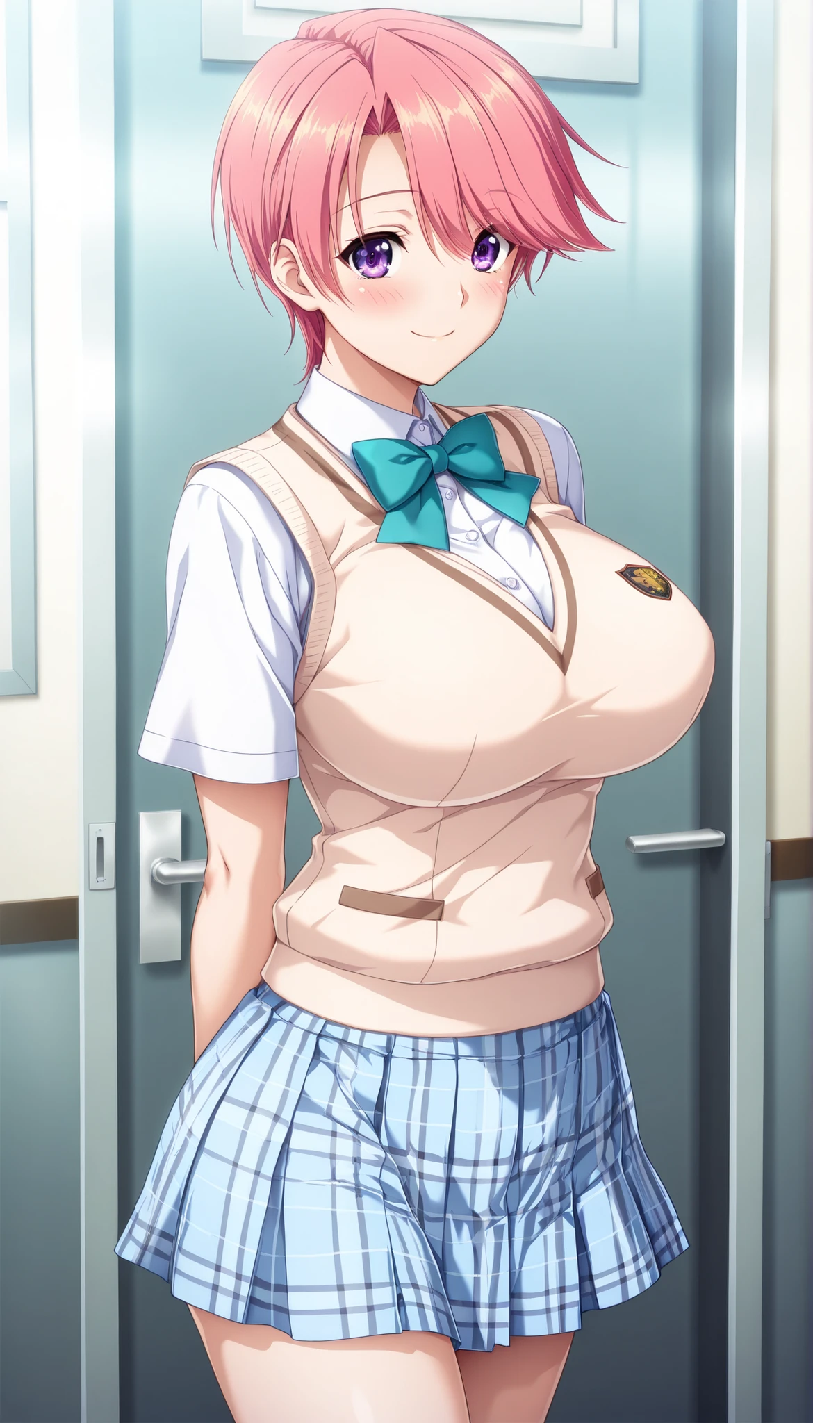 masterpiece, best quality, good quality, 1girl, Shiina Kei, pink hair, short hair, parted to side, violet eyes, large medium breast, slim, game cg style, blush, horny, slutty, smile, light beige vest, light blue plaid skirt, teal bow tie