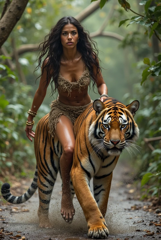 a glamorous woman in a fur bikini, chunky jewelry, walking a sabre tooth tiger on a leash, detailed realistic Flintstones, photorealistic, high quality, hyper detailed, 8k, dramatic lighting, cinematic, fantasy, adventure