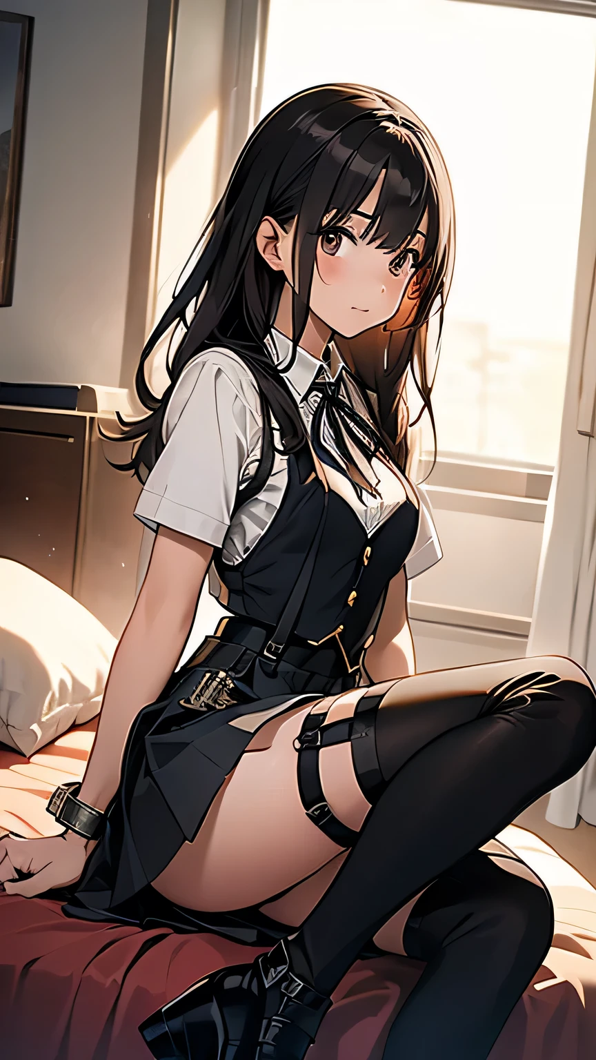masterpiece, best quality, expressive eyes, perfect face, highly detailed, intricate detailed, atmospheric perspective, solo, 1mature seductive woman lifting skirt, alluring pose, brown semi long hair, neckless, business suit, checked vest, blouse, black pencil skirt, tight mini skirt, pantyhose, panties, curvy, thighs, calm smile, opening legs, from below, in office, at night,