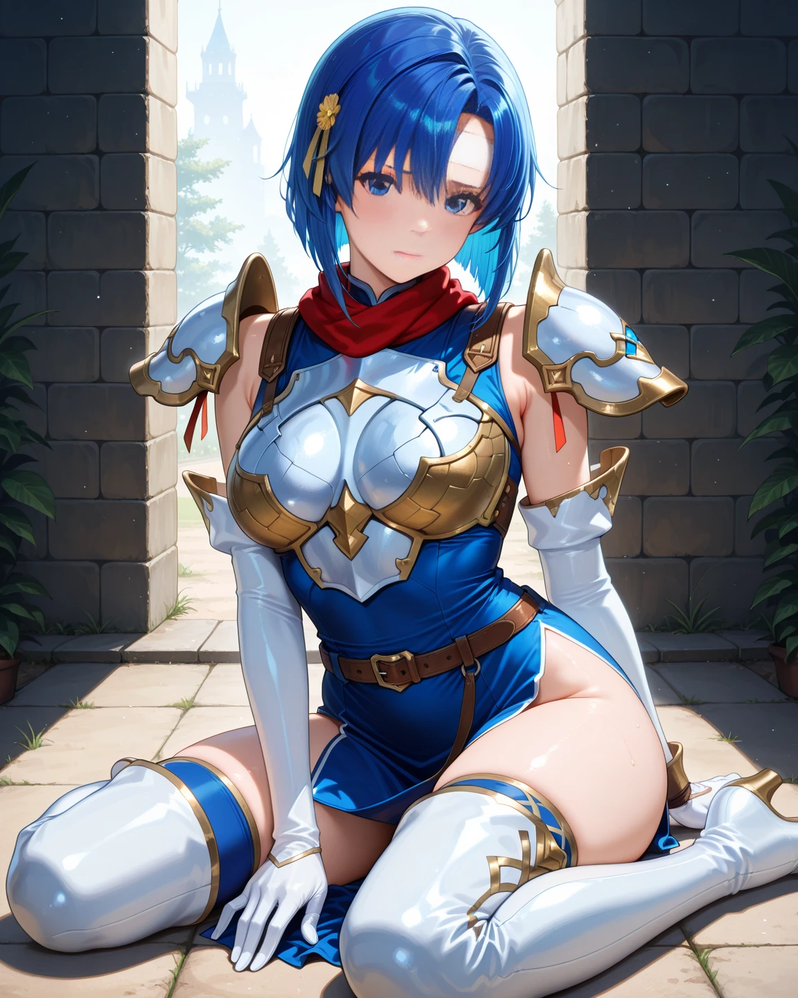 masterpiece, high details, high quality, best quality, anatomically correct, masterpiece, textured skin, super detail,ultra-detailed, best quality, extremely detailed, 8k, high res, realistic, 1girl, 18yo,BREAK,beautiful girl, (half closed eyes),(narrowed eyes:1.2),(open mouth), (blush:1.2),BREAK,(armor,navel exposed:1.8),blue beautiful eyes, (blue medium bob hair,asymmetrical parted bangs:1.6),BREAK,(voluptuous bust:1.5),(Gaunt , thin waist:1.3),