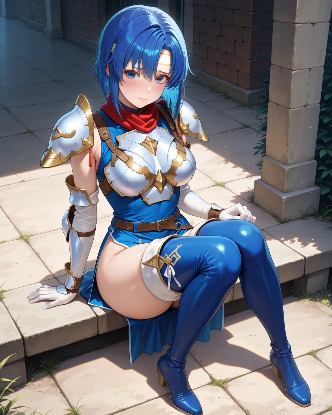 (White background:1.2,1girl),BREAK,Blue Hair, short hair, blue eyes, cute, Narrow waist, Toned Up, Large Breasts, Bare shoulders, Red neckerchief, Blue elbow gloves, Blue fingerless gloves, Pauldrons, belt, breastplate, White headband, Short dress, Dress slit, Blue tight boots, Blue long boots, Pegasus Knight Uniform (Fire emblem), blush,Open your mouth,(Her skirt is lifted up and her panties are visible,Blue and white striped panties:1.3)