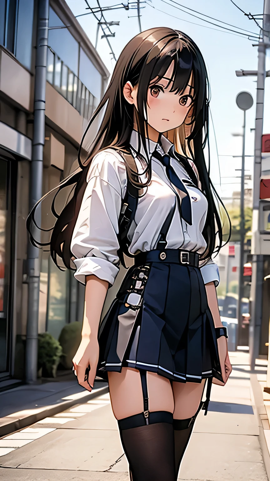 top-quality、Top image quality、masterpiece、girl with((cute little、sixteen years old、Best Bust、Medium bust、Bust 85,Beautiful blue eyes、Breasts wide open,Long Black Hair、A slender、Mesh with bangs blue hair、Y-shirt with white collar open to second button、Blue short skirt,satchel,angry looking face、run、Reflecting the whole body、Black underwear、Show the clock、Point to the clock))hiquality、Beautiful Art、Background with((blue-sky、Road of autumn leaves)),masutepiece、Elaborate design、visualart、depth of fields、The best lighting、highestdetailed、8k