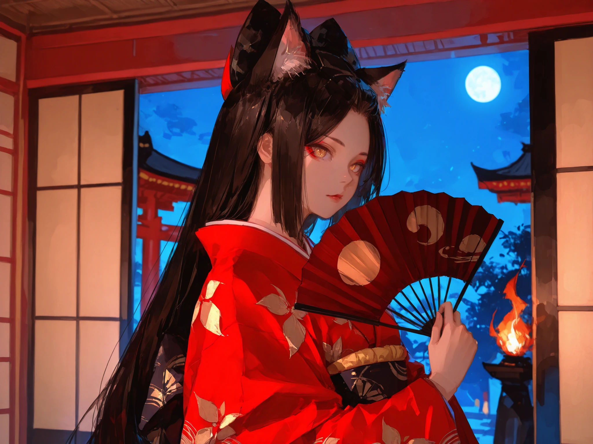 upper shot, makes an aesthetic, Master piece, Best Quality, ultra detailed, a beautiful girl, solo, beautiful black Long Hair, silky straight hair, cat ears, red kimono with flame pattern, (oiran:1.3), beautiful gold eyes, half hiding face with a folding fan, traditional Japanese room, blue sky, night, moon,