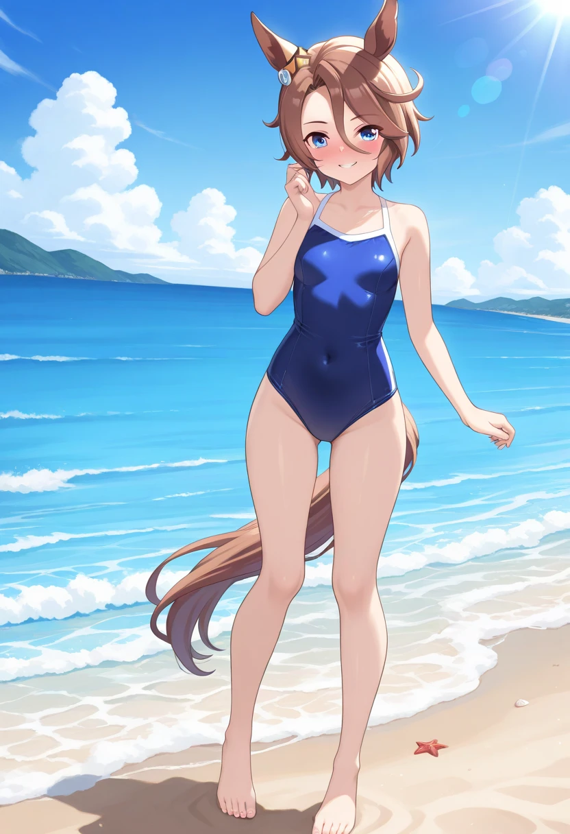 (masterpiece, best quality, perfect face:1.4) looking at viewer , walk along a corridor , full body, smile, blush, copano rickey \(umamusume\), (School swimsuit:1.2), cowboy shot, beach, tree, wave, wind