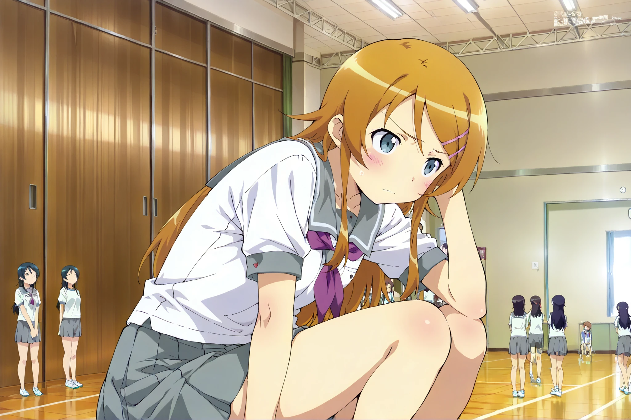kousaka kirino,long hair, hairclip, school uniform, grey sailor collar, purple neckerchief, white shirt, short sleeves, pleated skirt, grey skirt,close up shot,,masterpiece,best quality,amazing quality,taiikukan, score_9, score_8_up, score_7_up, rating_safe, masterpiece, best quality, absurdres, unity 8k wallpaper, official art, official style, source_anime, uncensored, game cg, megami magazine,taiikukan, indoors, sportswear, multiple girls, indoors, photo background, shorts, 6+girls, ceiling light, black hair, ceiling, stage, wooden floor, gym uniform, sportswear,