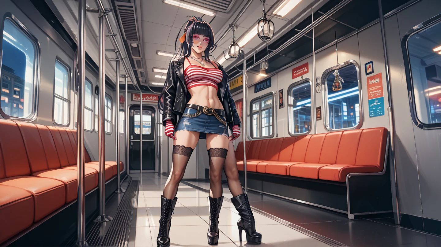 Cynthia , sexy goth girl, hot pants, leather clothing, metro scenery, highly detailed, HDR, DSLR