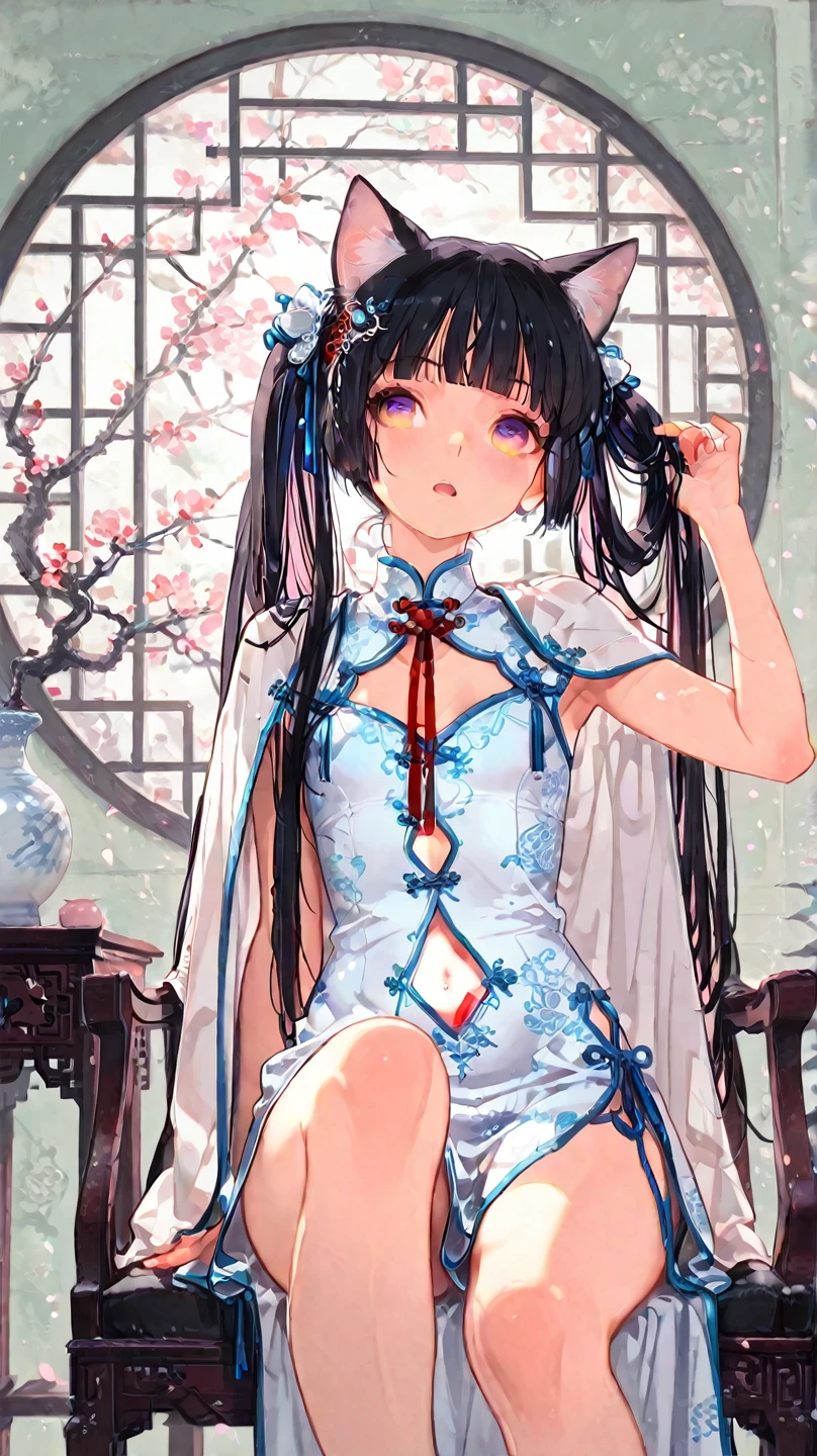 China dress、bright blue hair、8K, highest quality, masterpiece, super detailed、bright blue hair、medium long hair、twin tails、young face、17 years old、full lips、Pale blue eyes、、blush、lipstick、medium breasts、perfect hands、detailed hands、、random pose、China dress、Bedroom、lie down on the bed、