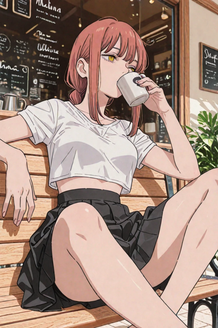 cute girl, pink hair, curly hair, brown eyes, black t-shirt, black shorts, black fishnets, standing, drinking coffee