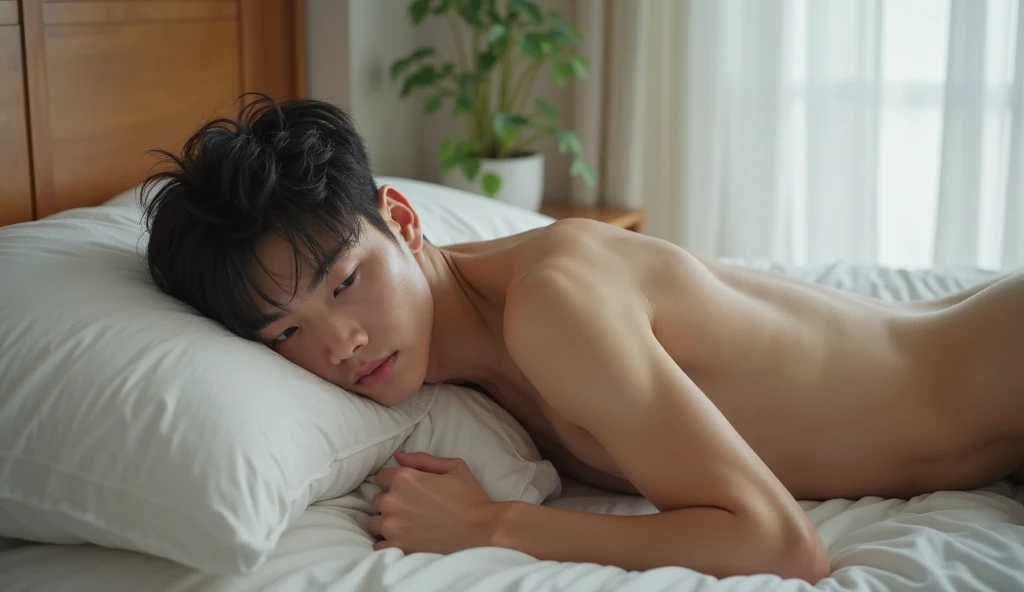 Young Japanese man、naked、On the bed、((Erect genitals))、((Thin milk droplets from chest to belly))