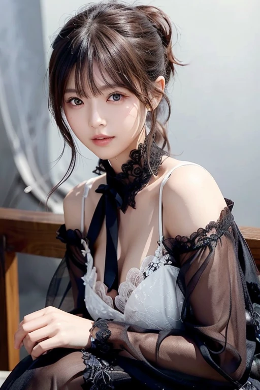 White background 1.5、Professional Lighting、Professional Lighting、Black Hair、Tie your hair up、White Dress、Off the shoulder、Lace fabric、Small breasts、Emphasis on the chest 1.2、(((Watch Viewers 1.5))、