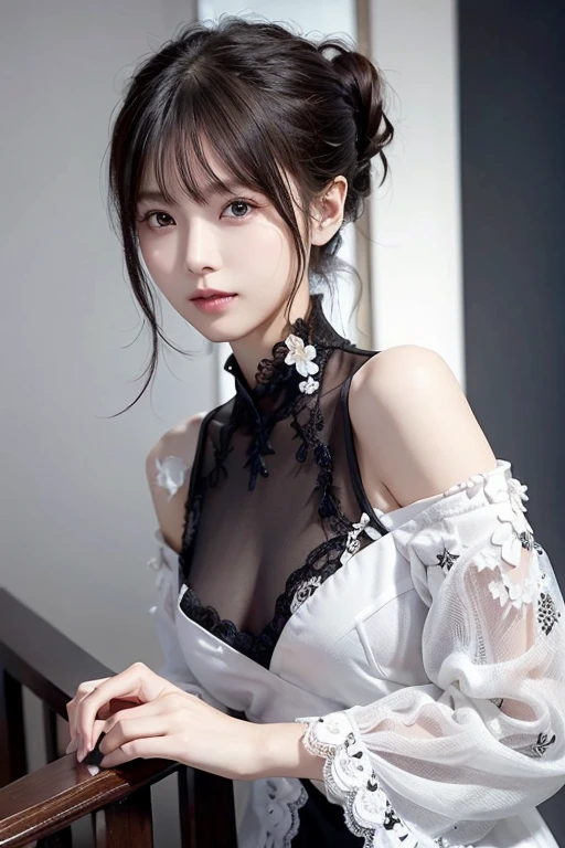 8k, Ultra-high resolution, Highest quality, masterpiece, 三分割法によるphotograph,Surreal, photograph, 1 Girl, (16 years old:1.3), pretty girl, Cute Face, Beautiful eyes in every detail, 細かくdetailedに,masterpiece,One Girl:1.2,Japan Female Teachers,extream close up,sad,streaming tears,Black short hair,Messy bun hair,(black suit:1.3),Nun's clothing,(印象派の美しい少女のPortraiture), (Gray background:1.3),(Impressionist light and colour),Gothic Girl , (One-piece suit, Embroidery lace, Sexy Embroidered Mesh Pantyhose Gloves),Realistic Skin, Perfect and beautiful face ,完璧でCute Face, Skin with attention to detail, Perfect limbs、Narrow waist,Looking at the audience,(((Ideal body type))),A cup small breasts :2,Portraiture:2,Perfect Anatomy,鮮明なdetailed,detailed,Surreal,Light and shadow,darkness