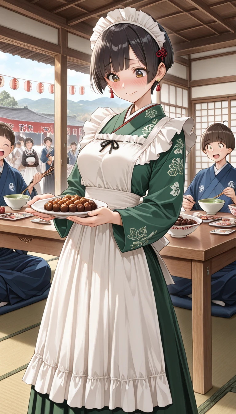 (beautiful girl : 1.3),1 girl,(Japanese style maid outfit,Long Skirt,earrings,),dark haired,Bowl Cut,Smile Yan,embarrassed,Blush,serve green tea,School Festival,green tea shop,Japanese sweets plate,table,people,Japanese-style room,tatami,Shoji screen,between floors,縁側,masterpiece,top quality,Rich Contrasts,High Definition,8k,high definition CG unit wallpaper,Textures,is unbelievably absurd,RAW pictures,Deep Border 1 .2,very detailed