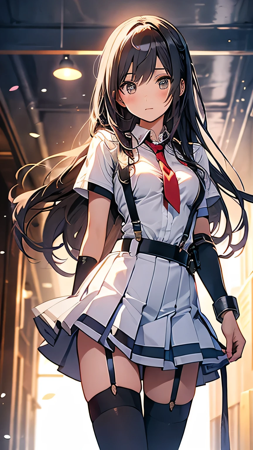 School gym　on stage　Elementary school girl　8-year-old　Large Breasts　Black Hair　Long Hair　The eyes are purple　smile　（（1 person））　White upper body long sleeve sailor suit　Navy blue mini skirt　White panties　White socks　Indoor sports shoes　Stand with open arms（（I can see White panties））　from the front　Dynamic Angle　Low Angle