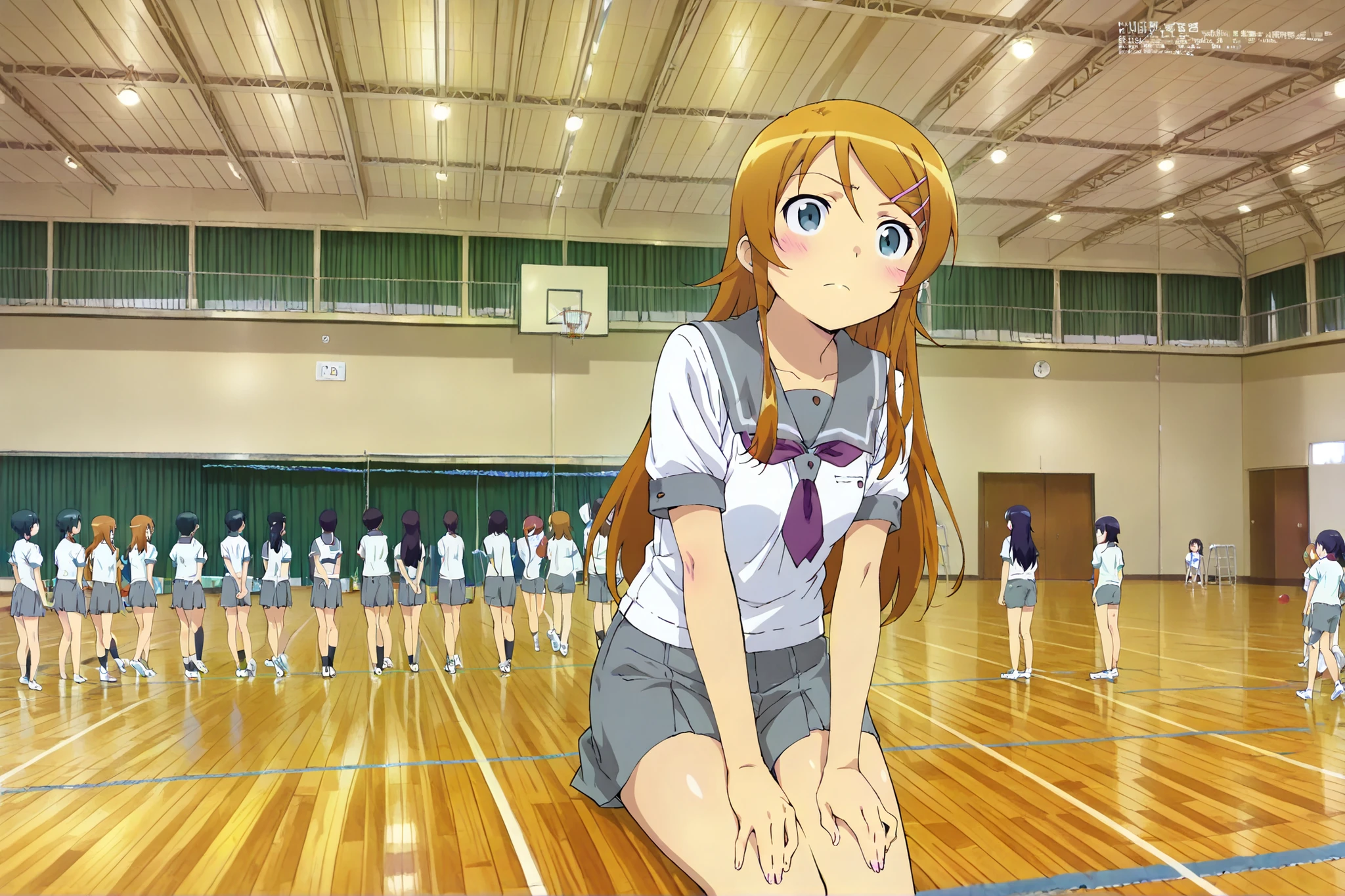 kousaka kirino,long hair, hairclip, school uniform, grey sailor collar, purple neckerchief, white shirt, short sleeves, pleated skirt, grey skirt,close up shot,,masterpiece,best quality,amazing quality,taiikukan, score_9, score_8_up, score_7_up, rating_safe, masterpiece, best quality, absurdres, unity 8k wallpaper, official art, official style, source_anime, uncensored, game cg, megami magazine,taiikukan, indoors, sportswear, multiple girls, indoors, photo background, shorts, 6+girls, ceiling light, black hair, ceiling, stage, wooden floor, gym uniform, sportswear,