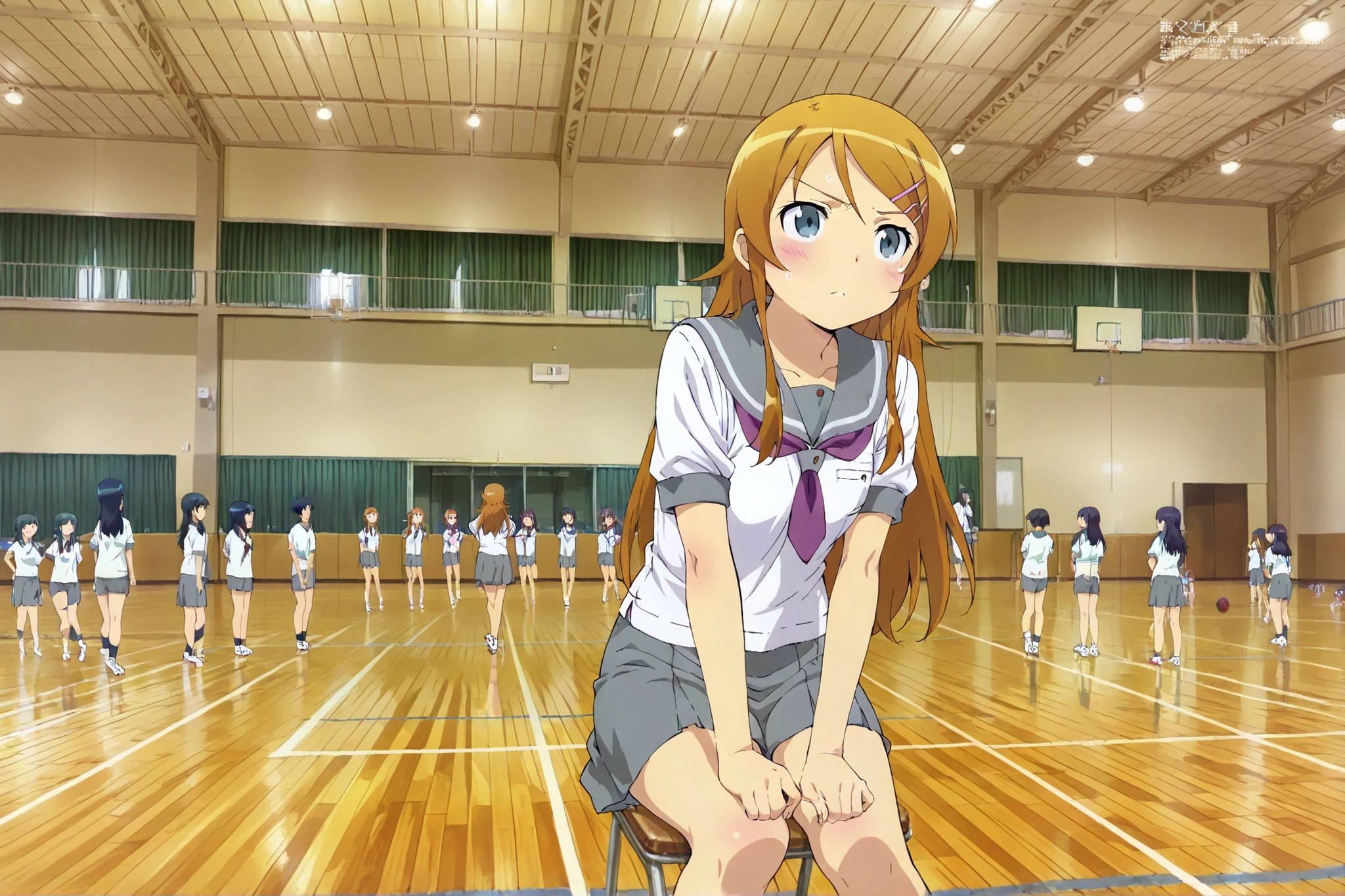 kousaka kirino,long hair, hairclip, school uniform, grey sailor collar, purple neckerchief, white shirt, short sleeves, pleated skirt, grey skirt,close up shot,,masterpiece,best quality,amazing quality,taiikukan, score_9, score_8_up, score_7_up, rating_safe, masterpiece, best quality, absurdres, unity 8k wallpaper, official art, official style, source_anime, uncensored, game cg, megami magazine,taiikukan, indoors, sportswear, multiple girls, indoors, photo background, shorts, 6+girls, ceiling light, black hair, ceiling, stage, wooden floor, gym uniform, sportswear,