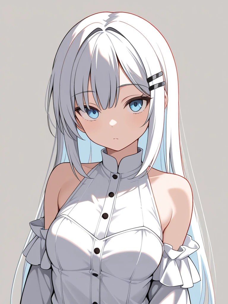 1girl, 18 years old, Tall Girl, Straight Medium Size White Hair, Standing Straight, Big Boobs, Beautiful Face, Lips, Nose, Face Focus, Beautiful Light Blue Eyes, Wearing Basic Cropped Tank Top, White Long Gloves, White Pleated Cheer Skirt, Earrings, Necklace, Urban City Background, High Resolution, Best Quality, 8k, Ultrasharp, High Quality
