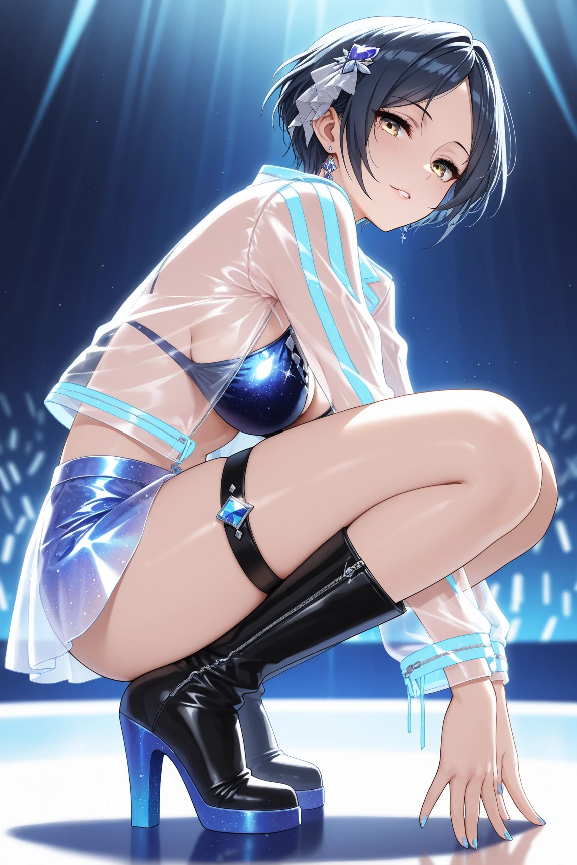 masterpiece, best quality, detailed face,(ultra hi res:1.2),(illustration:1.3),(game cg:1.2),(official concept art:1.2),BREAK (small breasts:1.2), (slender), (cdy:1.1), ((singing)), (stage,Spotlight:1.1), ((holding 1 microphone)), BREAK idolmaster, {{{anastasia}}}, (15yo,beautiful girl,cute girl),(beautiful blue eyes),(beautiful silver hair), (((extra short hair))),((spiky hair)), ((((mullet hairstyle)))),(wet hair), (wet skin),((((((see-through)))))), (open clothes), breasts, nipples, nipple slip, pussy, pussy slip, no panties,(embarrassed,smile), open mouths,(((one eye closed))),((tongue out)),deep breathing, feel good,spread legs, squatting,(((female masturbation:1.3))),(toying self), put your finger in the pussy,cum shot,