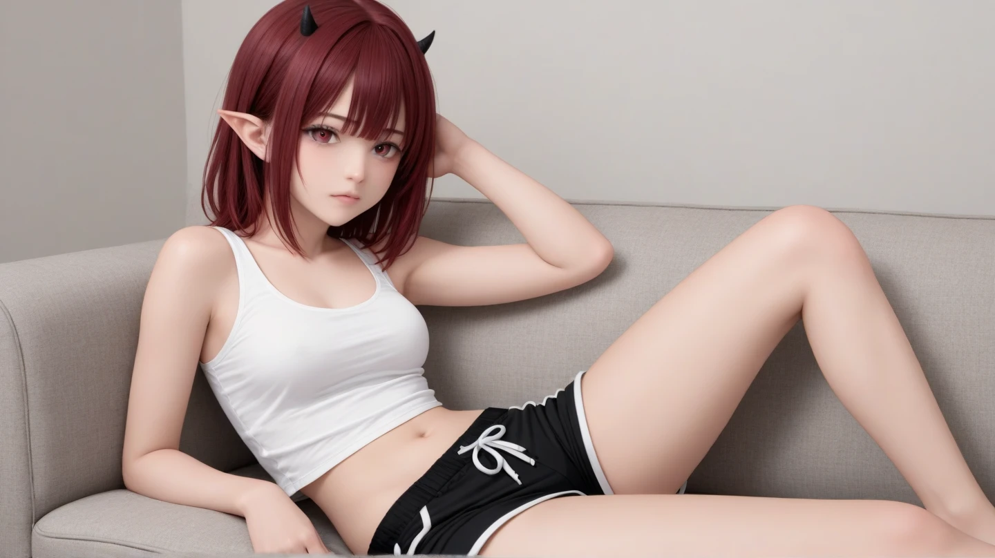 imagem de fully body, ((ultra realisitic)), ((picture-perfect)), ((face perfect)), ((ultra detaild)), ((fully body)), ((perfectbody)), ((Demon girl)), ((pointy ears)), uma garota ruiva de greeneyes com chifres ao redor da cabeça, possuindo demon tail, wearing a t-shirt and shorts in a bedroom, ((adolescent)), ((breasts big)), short shoulder length hair, demon tail, sharped teeth, Demon girl, schoolar uniform((seifuku)), adolescent, Red hair, greeneyes, girl with tail, adolescent estudante, non-human, fully body, medium breasts,