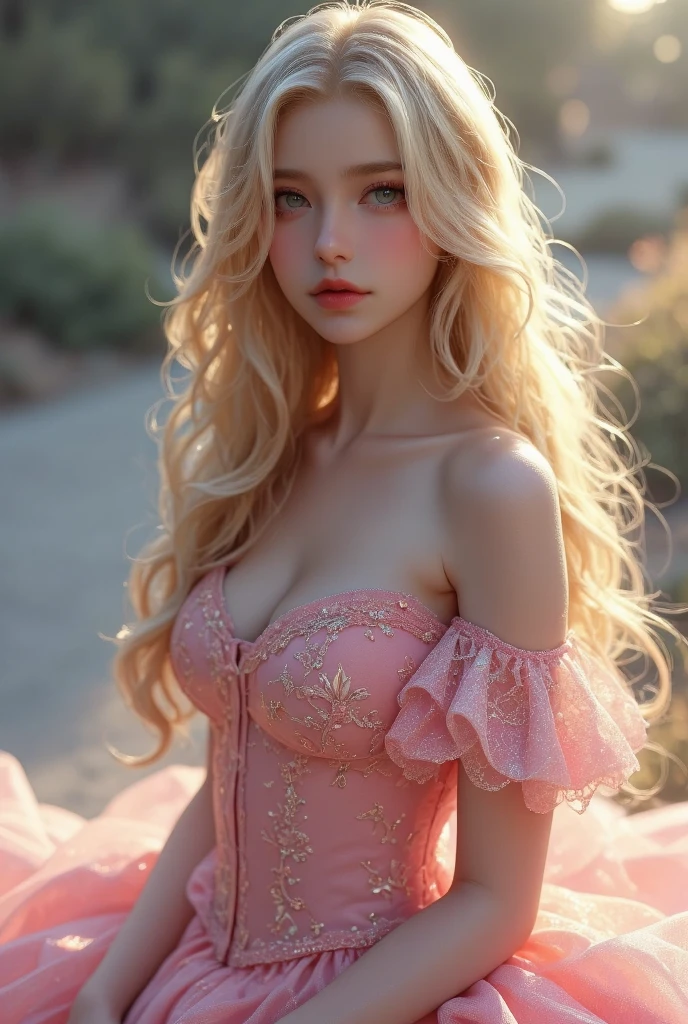 A girl, long blonde, wavy hair, no bangs and grey eyes. Medium breast. she is wearing a pink sundress, beautiful girl, detailed eyes, detailed face, detailed hands, she looks at the viewer. Full figure. Background mountain chalet