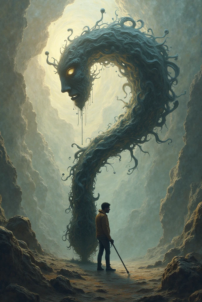 In the center of the scene A a blue jacket man with blue jacket walk into a Titans open mouth, behemoth rocks and gold Titan bust with mouth open resting in the center of a water mirror, the Titan head has moss-vegetaion and flowers. thick wavy Brush strokes, Digital illustration. brush strokes, watercolor, pastel color palette, golden rays and beautiful landscape, surreal phychadelic art, dreamy atmosphere, rainbow waves, oniric Theme, Peaceful environment, close up