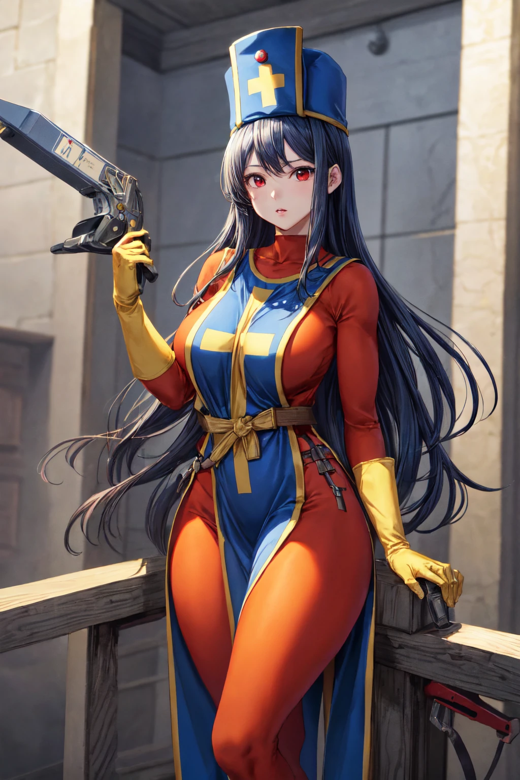 ultra-detailed, Explicit, Beautiful body, Beautiful Nose, Beautiful character design, perfect eyes, perfect face, ultra highres, 4K, beautiful legs, perfect legs, Nice hands, Perfect hand, Masterpiece, Best Quality, Highly detailed, illustration, absurdres, perfect anatomy, street fighter, doll suit, shadaloo doll, dollsuit, expressionless, blank eyes, looking at viewer, red gloves, emotionless, black latex, corrution, mind control, female combatant, full body, hypnotized, unhappy trance, full body suit, ribbed bodysuit, both arms at side, obey, perfect female body, extremely glossy latex, hypnosis, hypnoLora, empty eyes, Mind control device, poses, submissive_pose, Slave, hat, necktie, stand up straight, standing, standing at attention, hat, necktie, belt, latex, ribbed bodysuit, thighhighs, garter belt, Fighting Stance, extending the right arm from the shoulder into the air with a straightened hand, military, thigh boots, 1girl, hair ornaments, Dorothea Coyett, Fate/Samurai Remnant, brown hair, long hair, brown eyes