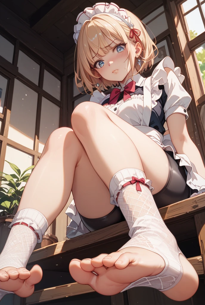 masterpiece, best quality, 1girl, only 1 girl, school uniform, in socks, black socks, long socks, classroom, sitting on desk, full body,looking at viewer, blush, feet/sock focus, angry expression, massive breasts, closeup of feet
