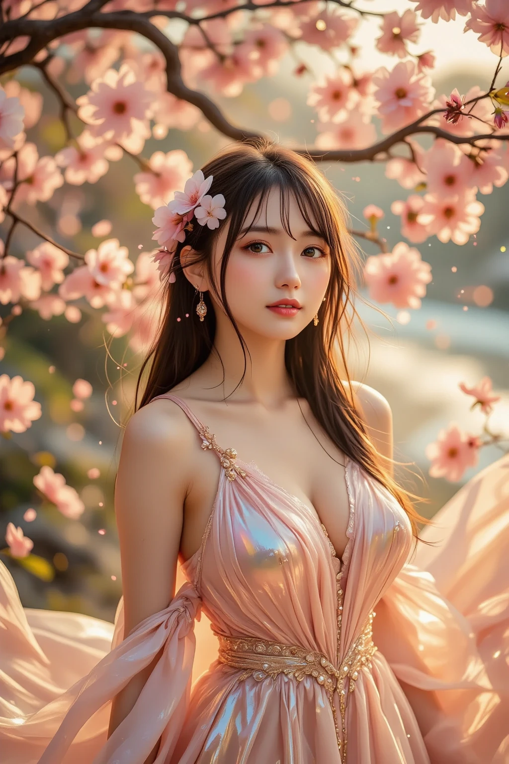 loose outfit、Show shoulders、Navel Ejection、How to wear a gown with a broken see-through halter neck、Decorated with intricate patterns and pastel colors、Transparent material that makes the skin shine、Artistic depiction of seductive woman in gown with wet thin cloth and transparent skin, Floral and fantastic pattern with flowing silky traditional see-through skin。Her dress draped elegantly around her curvaceous figure、Emphasizes her charming silhouette。She's a gentle fireworks night、Dynamic Posing、Sexy Posing、bathed in the soft glow of moonlight。The scene is、With a hint of mystery and sensuality、It exudes an ethereal dreamy atmosphere。The image style is、It incorporates a blend of watercolor and digital illustration techniques.、It makes you feel delicate beauty and charm。Soft moonlit lighting、Cast gentle highlights and shadows on her mesmerizing features。Dynamic Posing、Bold poses、The hand is somewhere、see -through、show through、A sexy、Wet hair、Wet、cherry trees、flower petals、cherryblossom、The cherry tree、Sakura blizzard、buried、Transparent skin、Wet clothes、Chest Pulling、Translucent clothes、Eau、nudde、2a person、garterbelts、fishnet tights、clear face