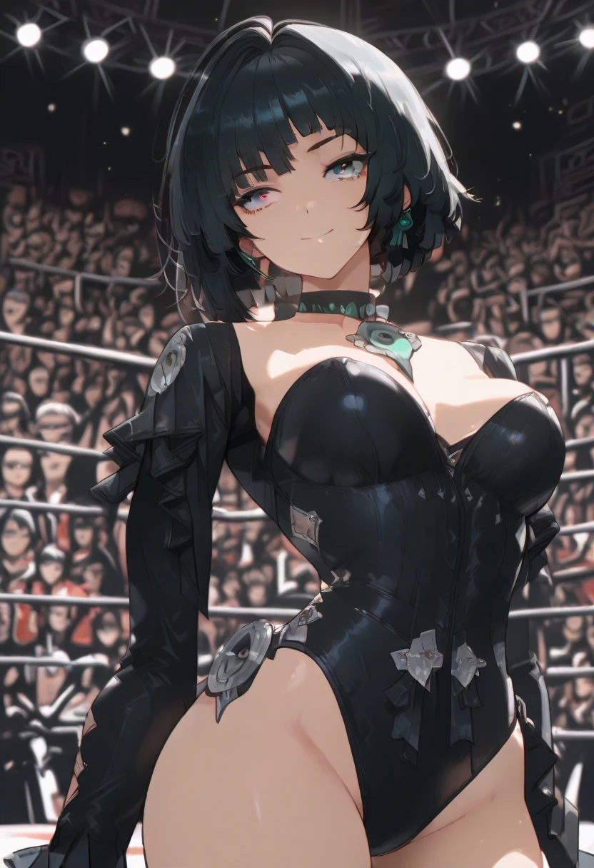 beautiful detailed eyes, beautiful detailed lips, extremely detailed eyes and face, longeyelashes,Inside the dance stage,inside the spotlight,One 16 years old girl,sweat,((dark skin color)),short black hair,displeased,sulky,seductive smile,high-neck-tops,tight-mini-skirt,(high-heel-boots),dancing,hands up,best quality, 4k, 8k, highres, masterpiece:1.2, ultra-detailed, realistic, photorealistic, photo-realistic:1.37, HDR, UHD, studio lighting, ultra-fine painting, sharp focus, physically-based rendering, extreme detail description, professional, vivid colors, bokeh, portraits