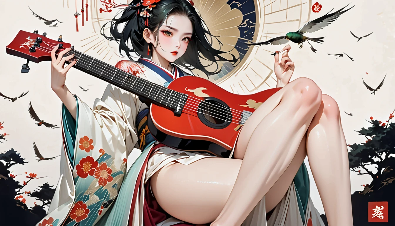 Beautiful Japanese geisha (Les Paul) playing electric guitar, action pose, full body fits on canvas, erotic expression, clean face, kimono with fancy flower, skull and phoenix pattern, white background, heavy metal, ((masterpiece)), ((super detailed writing)), ((8k image))