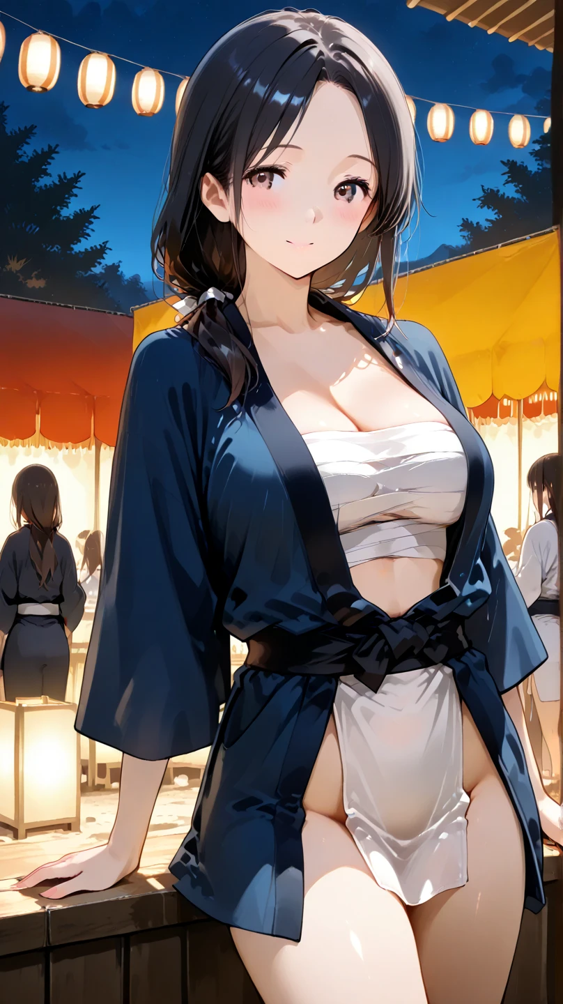 masterpiece, Portraiture, Highest quality, Detailed face, Detailed and realistic skin texture, (Perfect glowing skin:1.3), One Girl, young woman, 16 years old, (Gradient Brown Hair), Very fine grain, Highly detailed mouth, Beautiful glossy lips, Cinema Lighting, (White yukata with floral pattern), (Squat Panties:1.1), night, night景, indirect lighting, Japanese Summer Festivals, Lots of food stalls, (In the crowd), Beautiful hip line, (A kind smile), Large Breasts, Cleavage, beautiful Fireworks, whole body