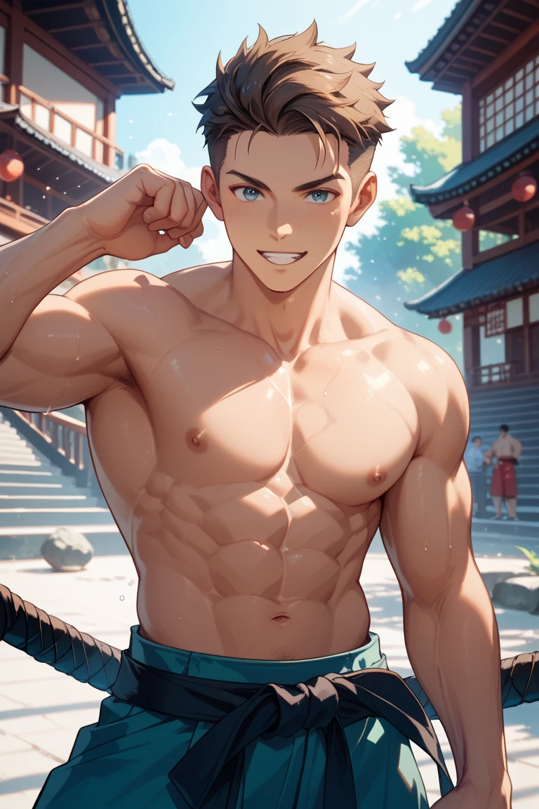 (masutepiece, Best Quality),1boy, teenage,(younge boy,child-faced),teenager face,Side view,Body tilt,Natural rivers,Flabby hands,delicate big eyes,Open your eyes ,Big ,,smooth and delicate skin,Short square face,Surprised expression,infancy,slimey,infancy,young age,short round face,Flat chin,finely detaild face,Briefs,well-muscled,short light gray hair,The eye,with an intricate,full body Esbian,nakeness,Black Teal Brief,Abs pectoral muscles 8 pack, ,the night,vivd colour,(depth of fields:1.2),(Abs), Extremely masculine muscular man