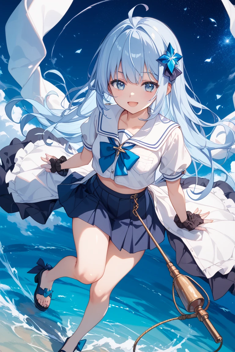 (13 anos, 140 cm de altura, Beautiful, small breasts almost imperceptible, fofo, bashful expression. 1 female. cabelos brancos com mechas azul claro. Olhos azul. atalho. franja combinando. Cute white bikini with blue laces and blue lines. Calcinha Branca. orelha de gato com lacinho do lado. warm lighting. Qualidade da foto, extremely high-resolution. lago bunito. She is standing on the clear water. In her hand she is holding a white pistol . Ums peixinhos coloridos nadam perto dela. Uma pequena boia de um urso branco esta nas proximidades.)
