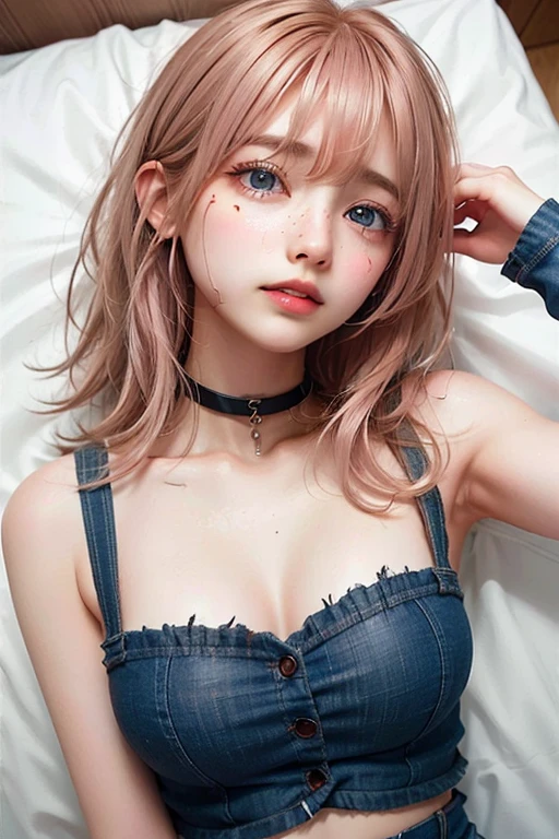 (NSFW:1.2),(masterpiece, highest quality, One girl, alone, Intricate details, chromatic aberration), Realistic, ((Medium breath)),Long Hair, Pink Hair,  pink highlights, Hair on one eye,Purple eyes, Earrings, Sharp eyes, choker, Neon Shirt, Open jacket, Crop top, (Symmetrical eyes),(Perfectly symmetrical body),Against the wall, Brick wall, graffiti, Dim lighting, alley ,View the viewer
