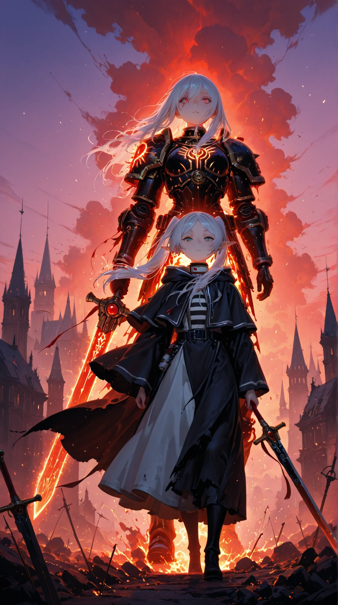 mechs，The girl stands under the moon，The girl was covered in blood，wings，heroes，Grey，Overlooking
